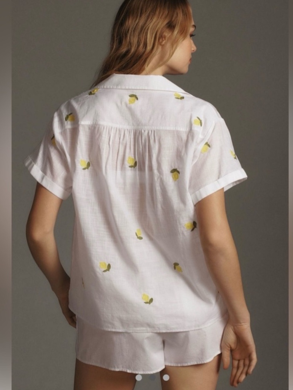 Anthropologie Maeve White Lemon Embroidered Short Sleeve Button Up Shirt Size M - Picture 5 of 9